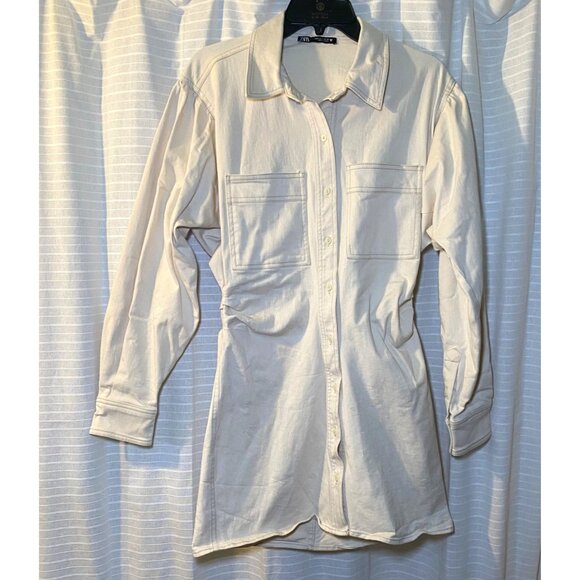 Zara Dresses & Skirts - Zara Women’s Long-Sleeve Buttoned Ruched Shirt Dress With Front Pockets 0003/312